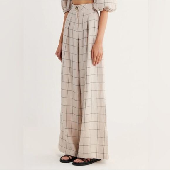 Rumer The Label Quinn Plaid Linen Wide Leg Pants Ivory High Waist Pleated NWT S - Picture 2 of 12
